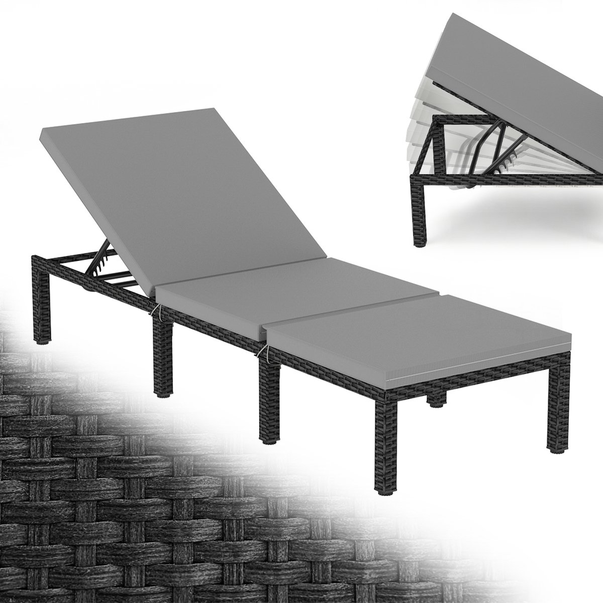 Arvioo - Ligbed zwart 1 stuks - Poly rotan - 5 verstelbare rugstanden - Met kussen