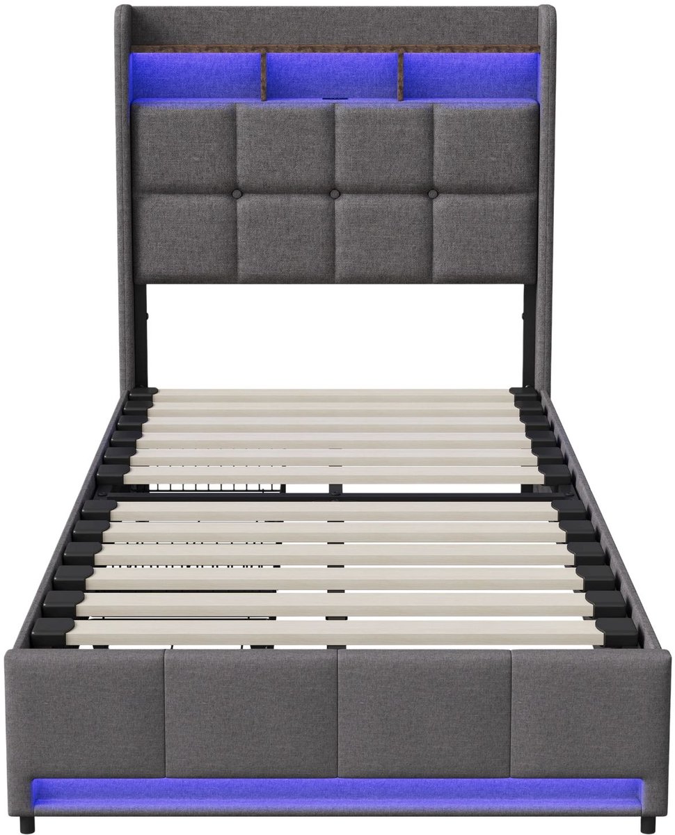 Happiq Gestoffeerd Eenpersoonsbed Grijs - LED - 90 x 200 Cm - Bed met 4 Opberglades, Hoofdbord met Opbergruimte - voor Slaapkamer Volwassenen Koppels