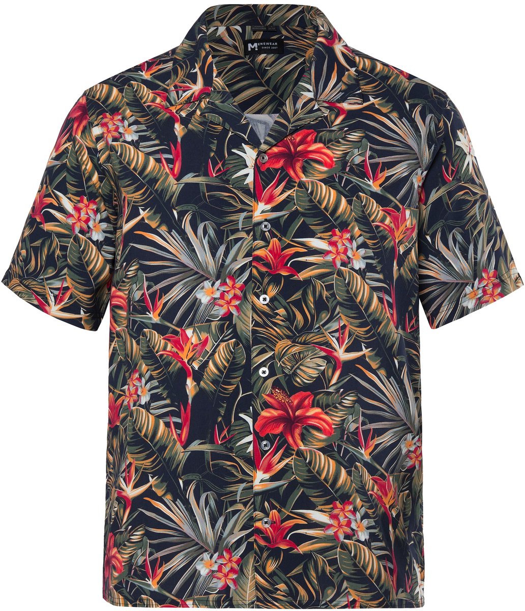 Men Plus - Heren - Viscose overhemd korte mouw Cubaanse kraag Cuba fit tot 8XL - Zwart - Maat 5XL
