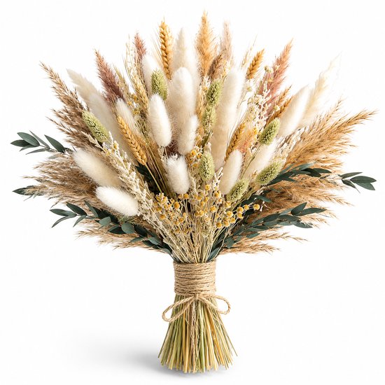 Bouquet de fleurs séchées aux teintes naturelles : herbe de pampa, blé, plumets et eucalyptus, lié avec une corde.