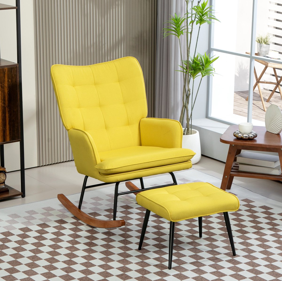 MODENUIT Schommelstoel 64 x 89 x 90 cm - Met Hocker en Armleuningen - Voor Woonkamer - Stof - Geel