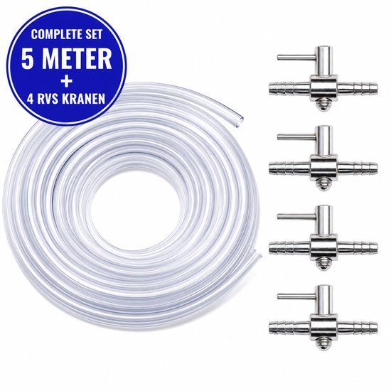 Aqua-Loui® - Luchtslang Set Aquarium - 5 Meter Luchtslang 4/6 mm + 4 RVS Luchtslangkranen - Geschikt voor Luchtpomp, Bruissteen, CO₂ en Aquarium