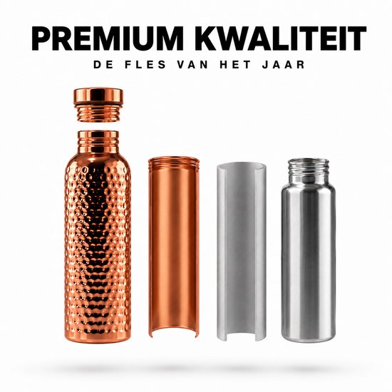 Koperen waterfles in delen: de fles, de binnenkant, de isolatie en de binnenkant van een zilveren fles.