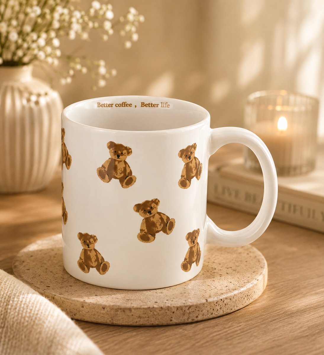 Witte Teddybeer Koffiemok 325 ml - Schattige Keramische Mok met Beerprint voor Thuis en Kantoor