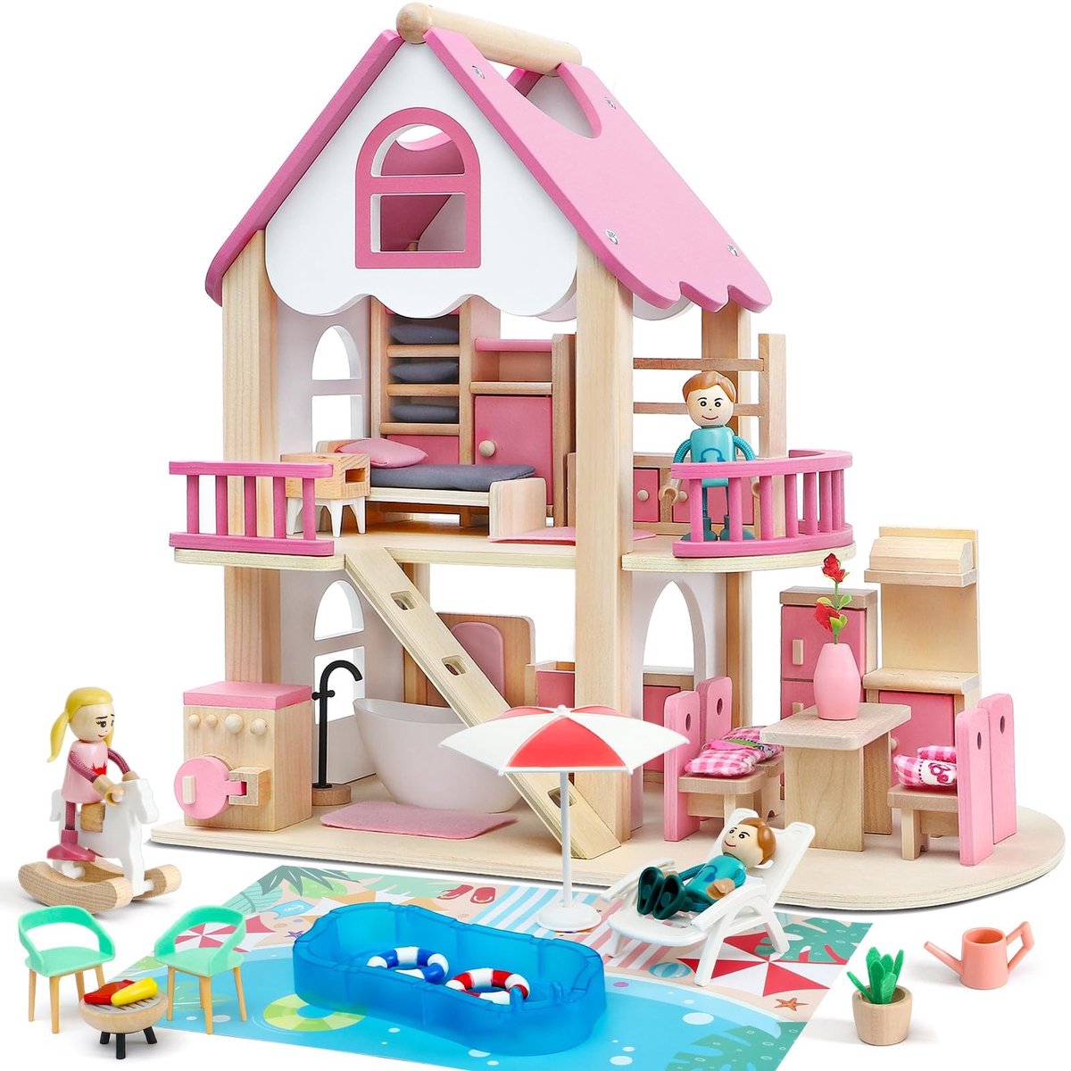Omgoods - Draagbaar Houten Poppenhuis met Meubels