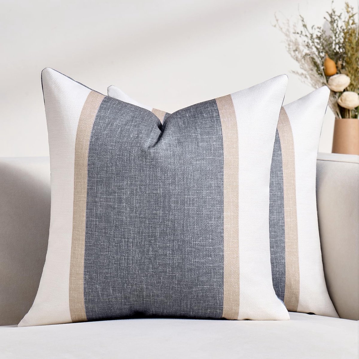 Omgoods - Set van 2 Moderne Kussenhoezen 50x50 cm Katoen Linnen Beige Grijs Patchwork