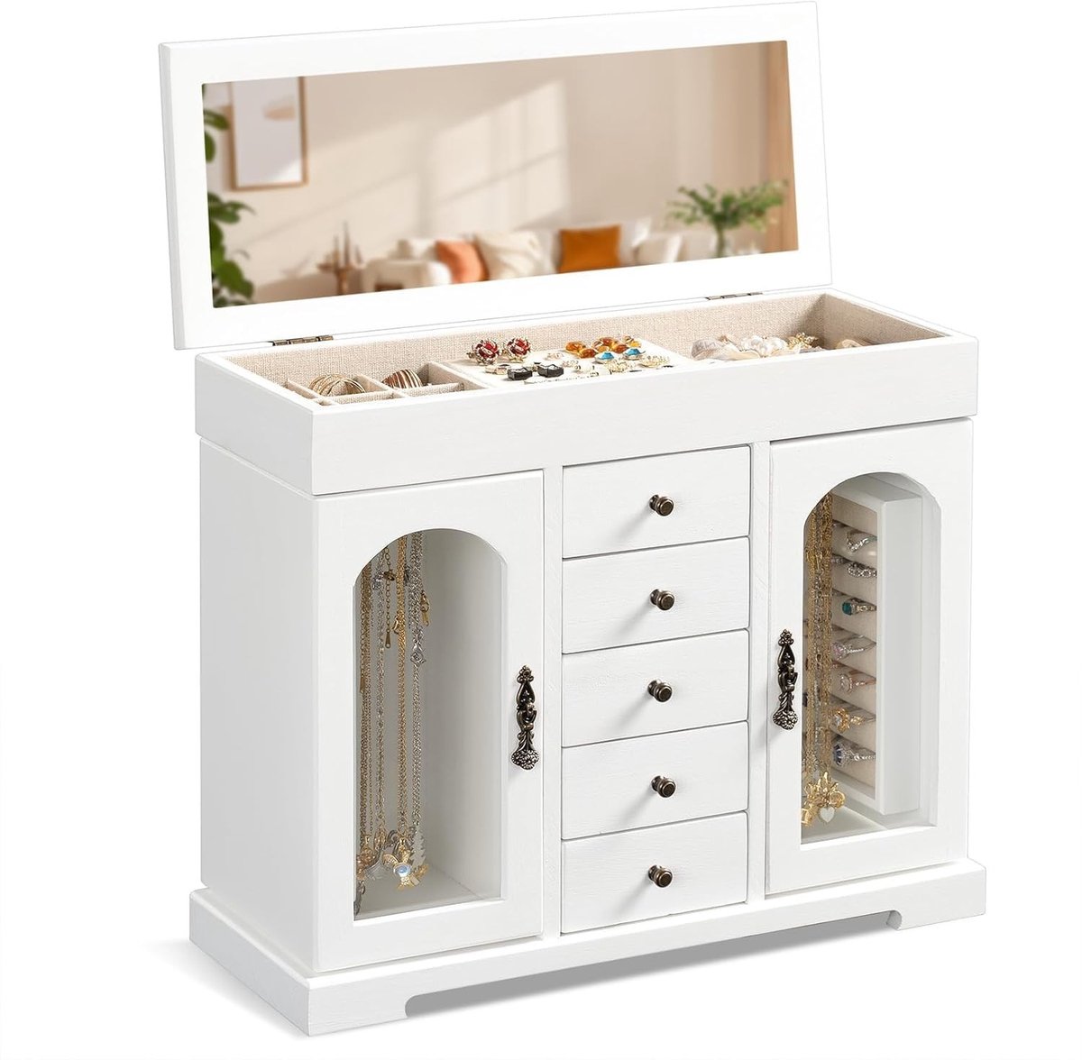 Omgoods - Grote Houten Sieradenbox met Spiegel en Verdeling voor Ringen en Armbanden