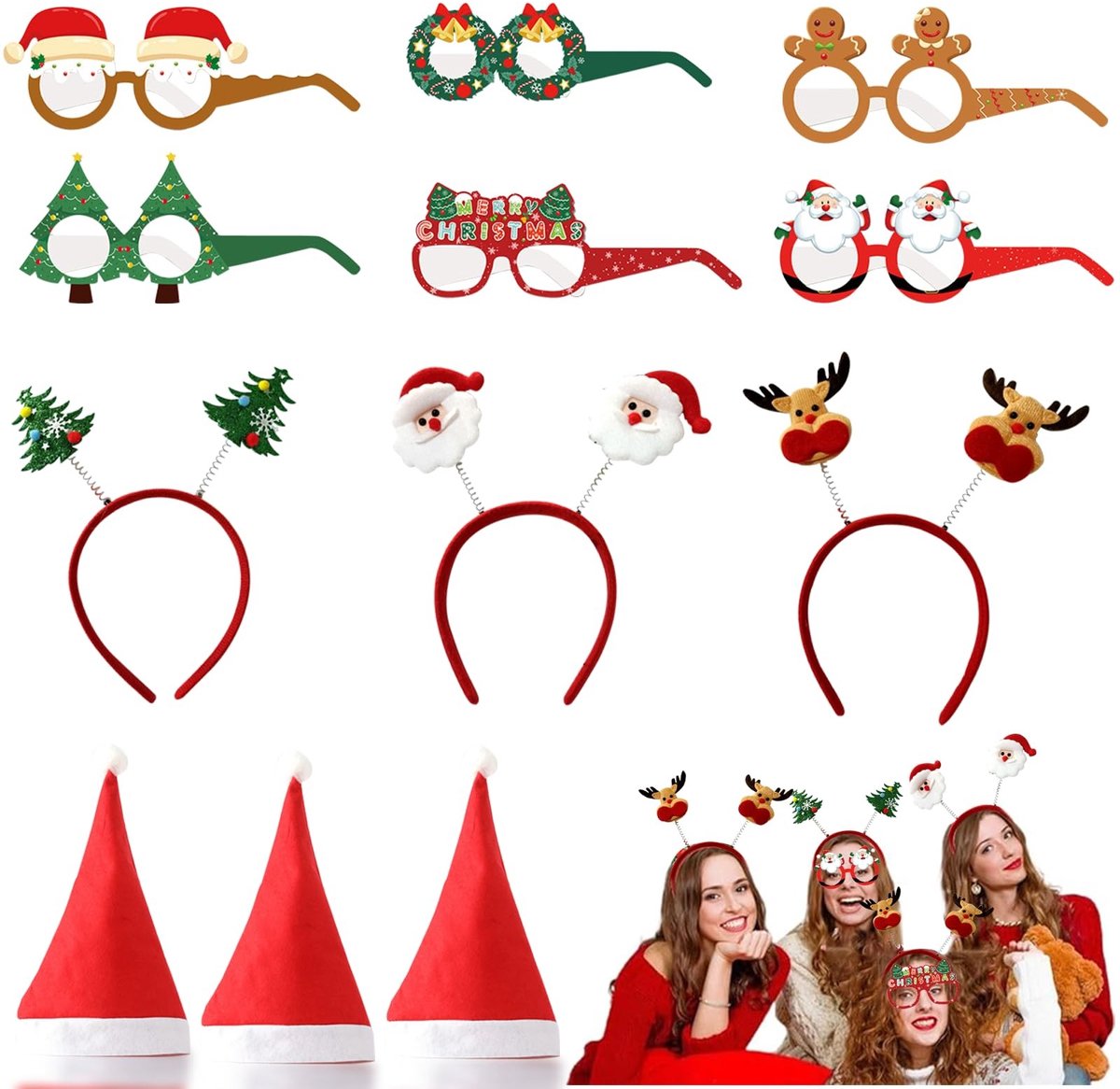 Omgoods - Kerst Feestglazen Set met Hoofdbanden en Kerstmutsen
