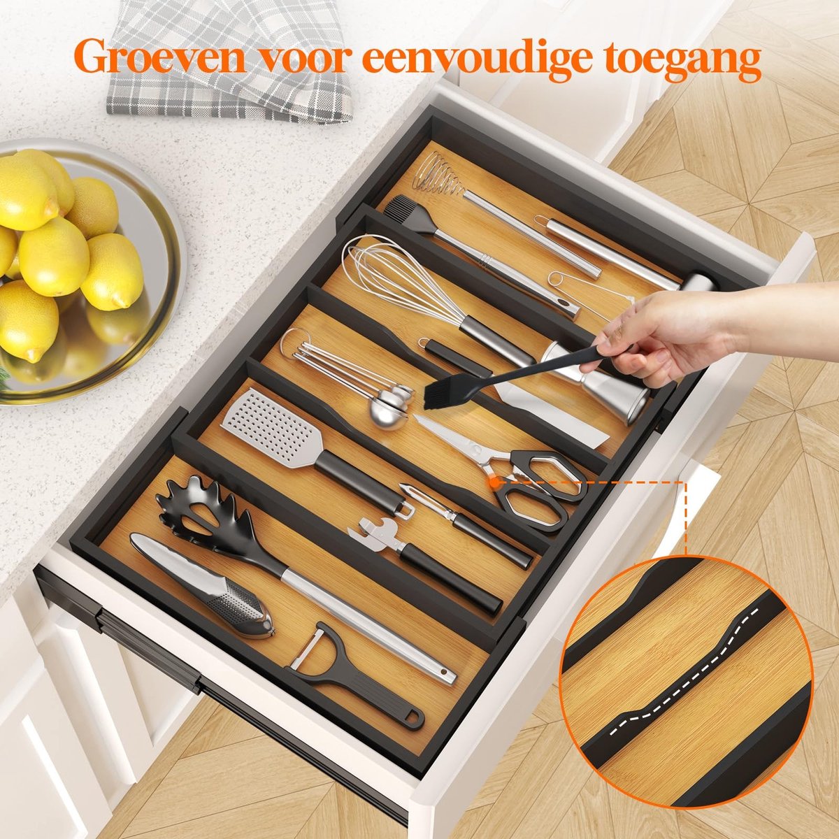 Omgoods - Bamboo Keukenlade Organiser met Uitbreidbare Compartimenten