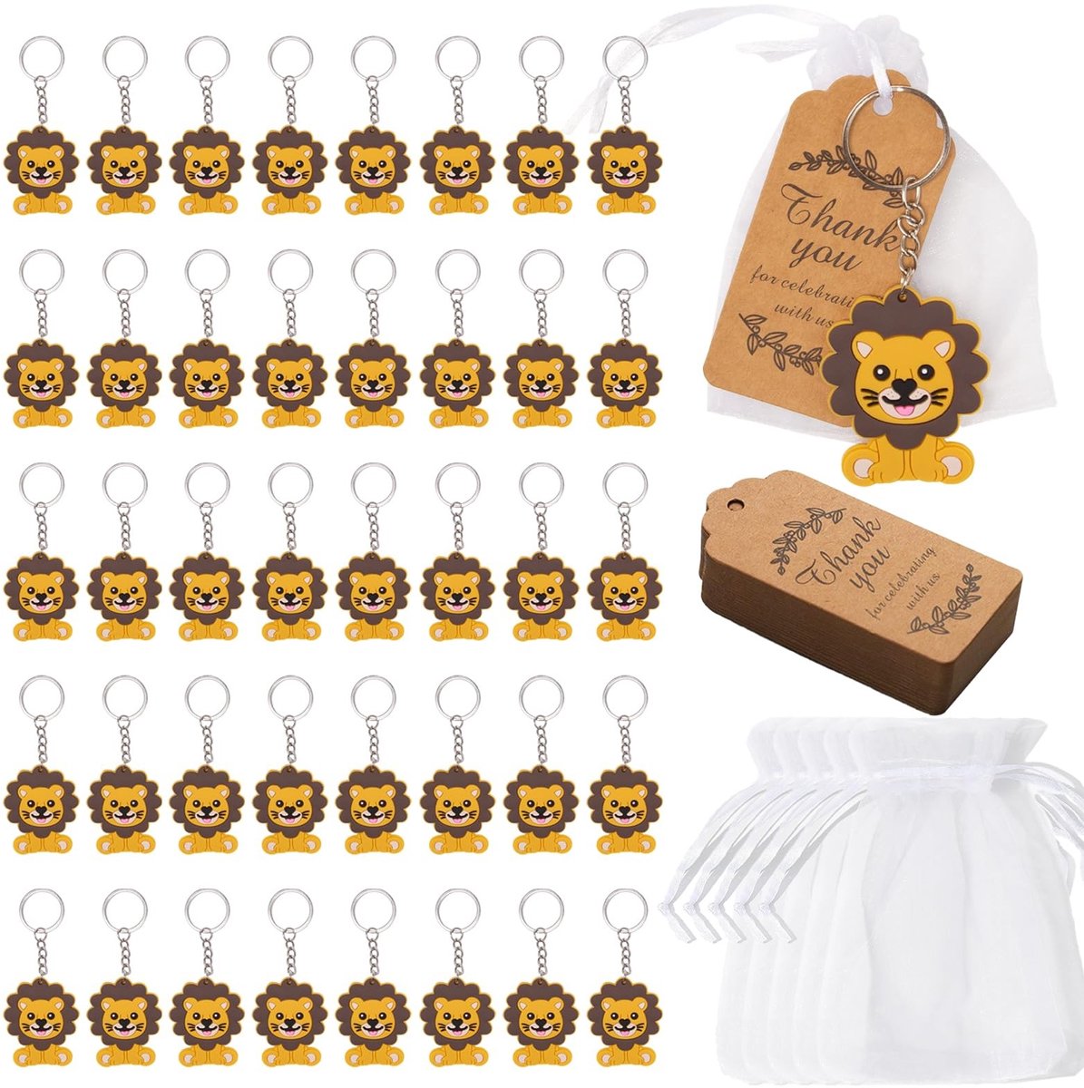 Omgoods - 30 Stuks Leeuw Sleutelhangers met Organza Zakjes