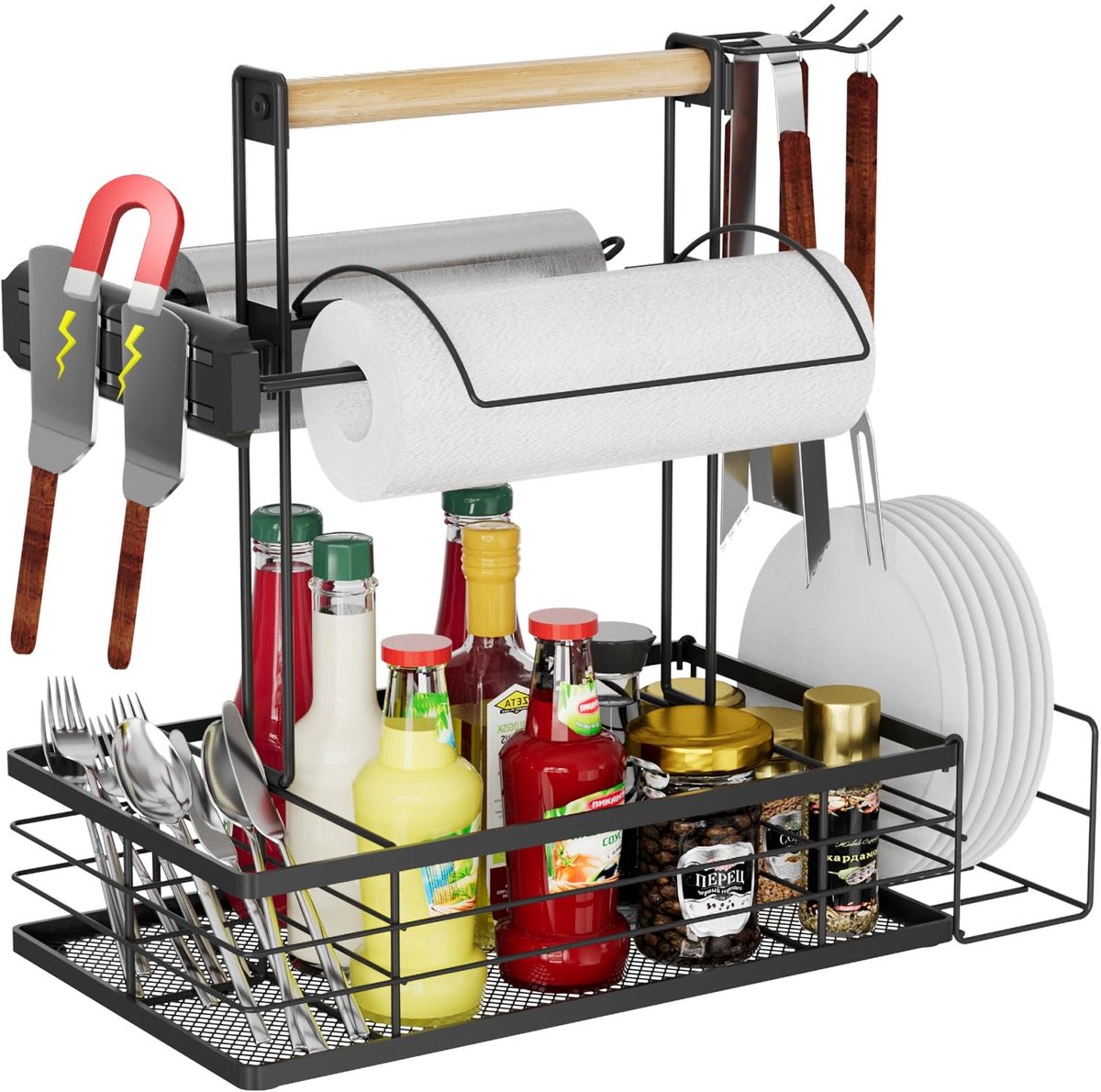 Omgoods - BBQ Grill Caddy met Papierrolhouder - Draagbare Organiser voor Barbecue Gereedschap