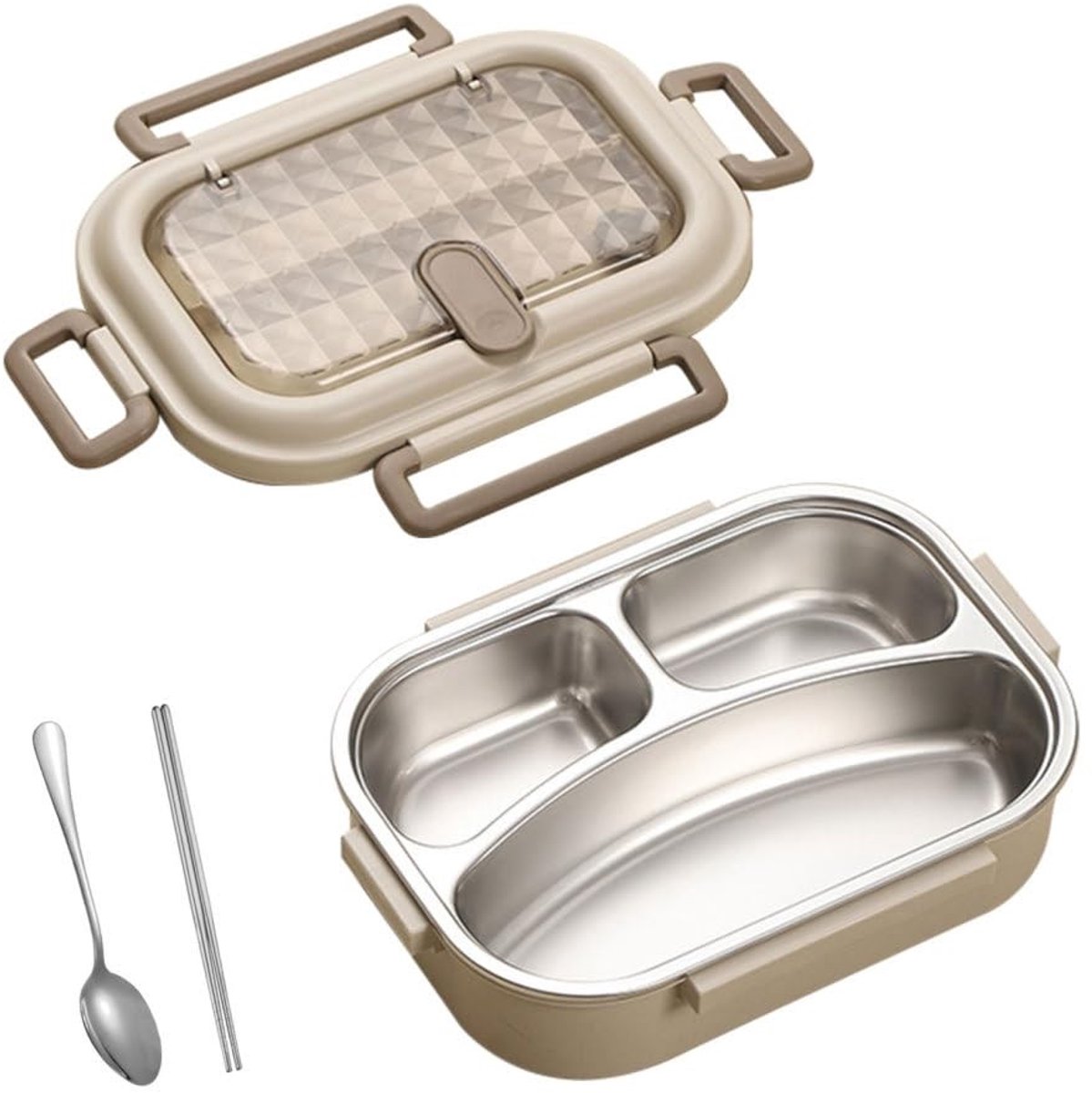 Omgoods- Bento Box RVS - 3/4 Compartimenten - Afsluitbaar Deksel - Eetstokjes/Lepel - Water-verwarmbaar - Lekvrij - Lunchbox