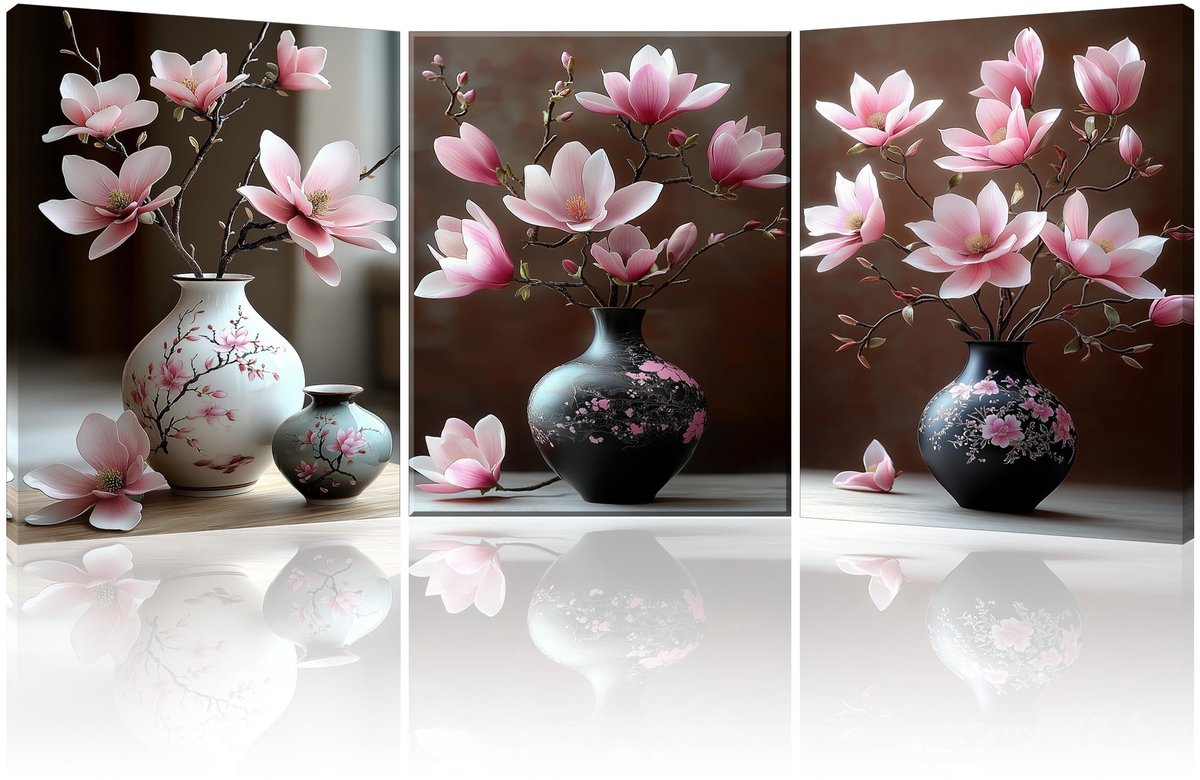 Omgoods - Set van 3 Canvas Wanddecoraties met Roze Bloemen