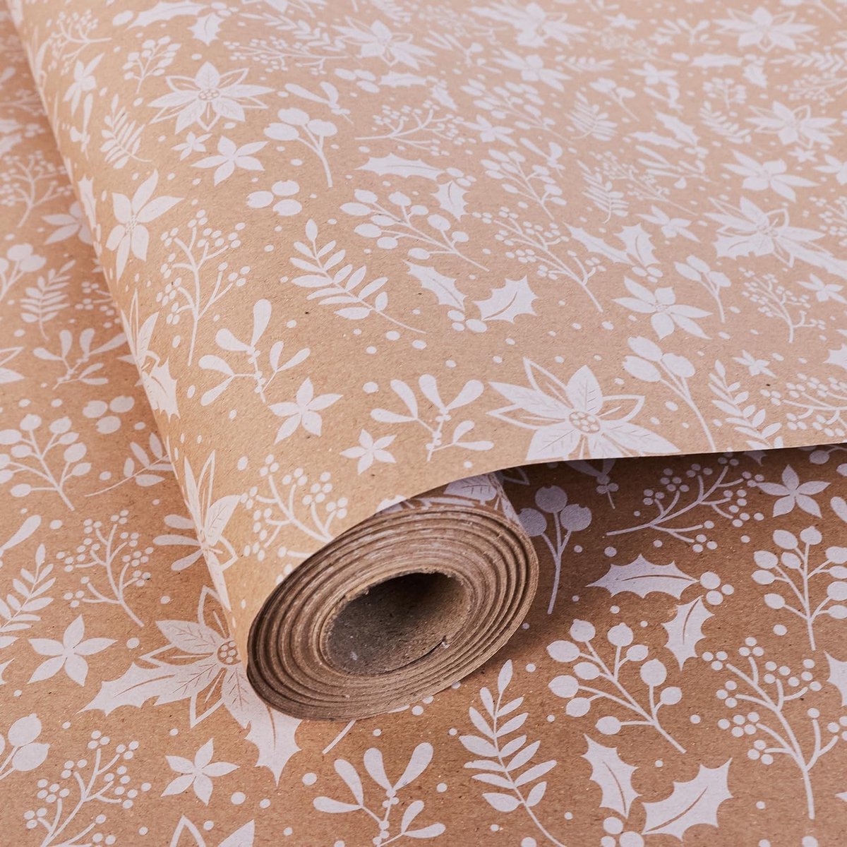 Omgoods - Kerst Inpakpapier Rol met Witte Bladeren
