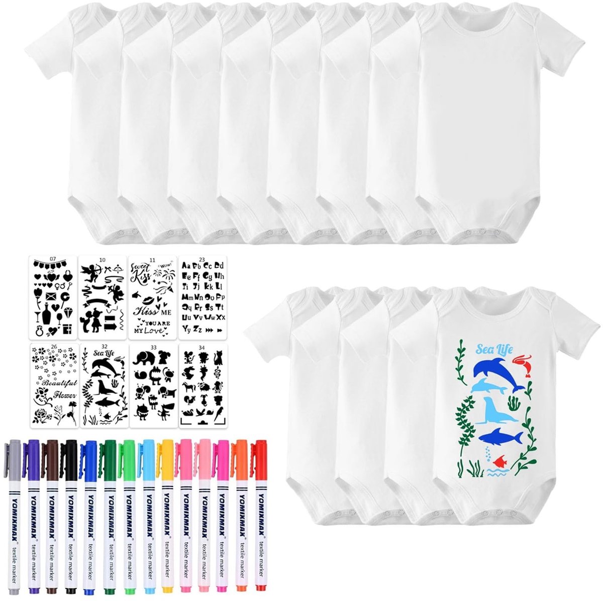 Omgoods - Set van 8 Korte Baby Rompers met Kleurige Textielstiften