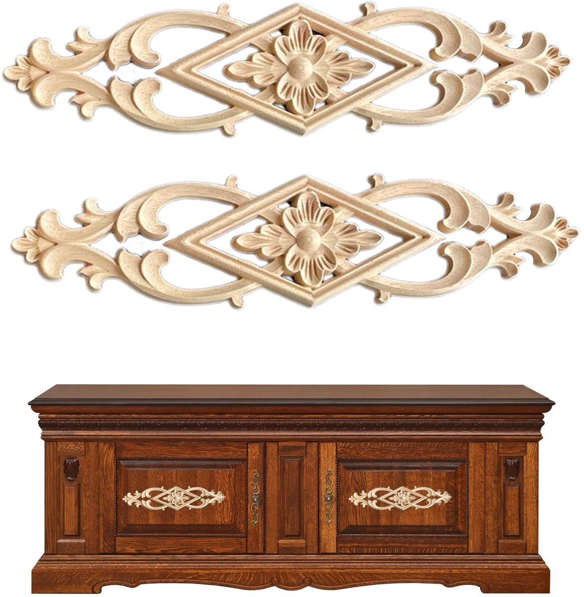 Omgoods- Houten Ornamenten Set van 2 - Decoratieve Bloemplaten - Decoratie Muren/Deuren - Geschikt voor Meubels - Elegant Houtsnijwerk - Makkelijk te Beitsen/Schilden