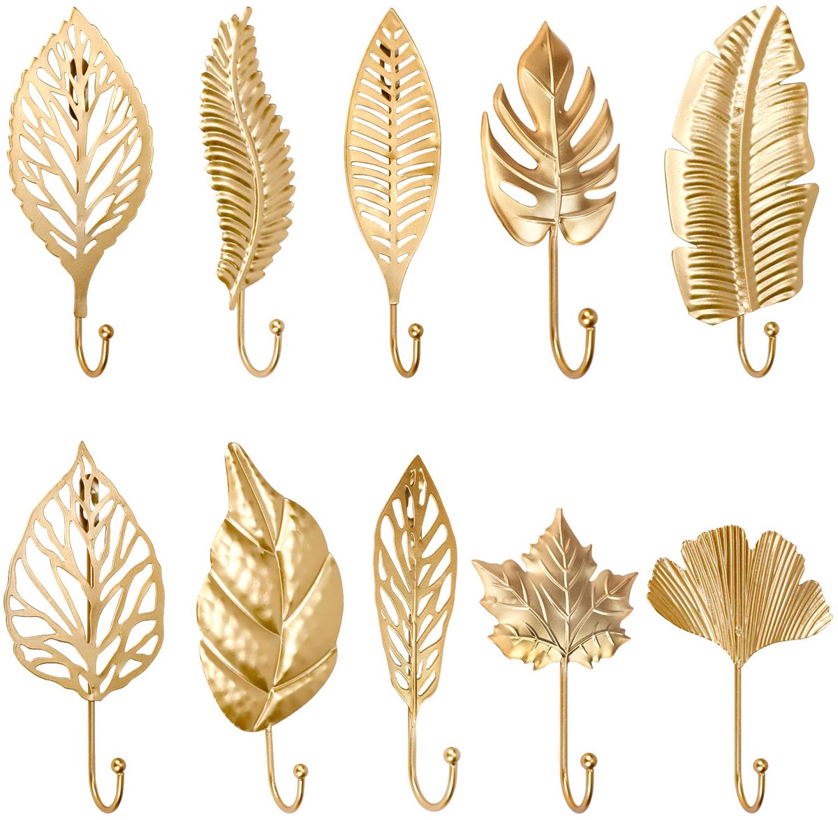 Omgoods - Set van 10 Decoratieve Wandhaken in Bladvorm - Gouden Metaal