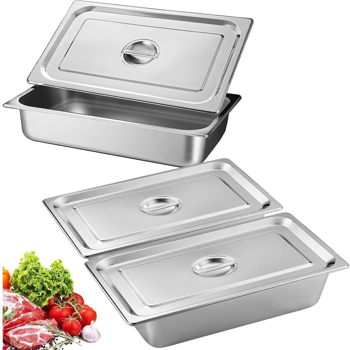 Omgoods - Gastronormbakjes - Roestvrij staal - Duurzaam - 3 stuks - Paneerset met deksel - Voor marineren en serveren - Rechthoekig
