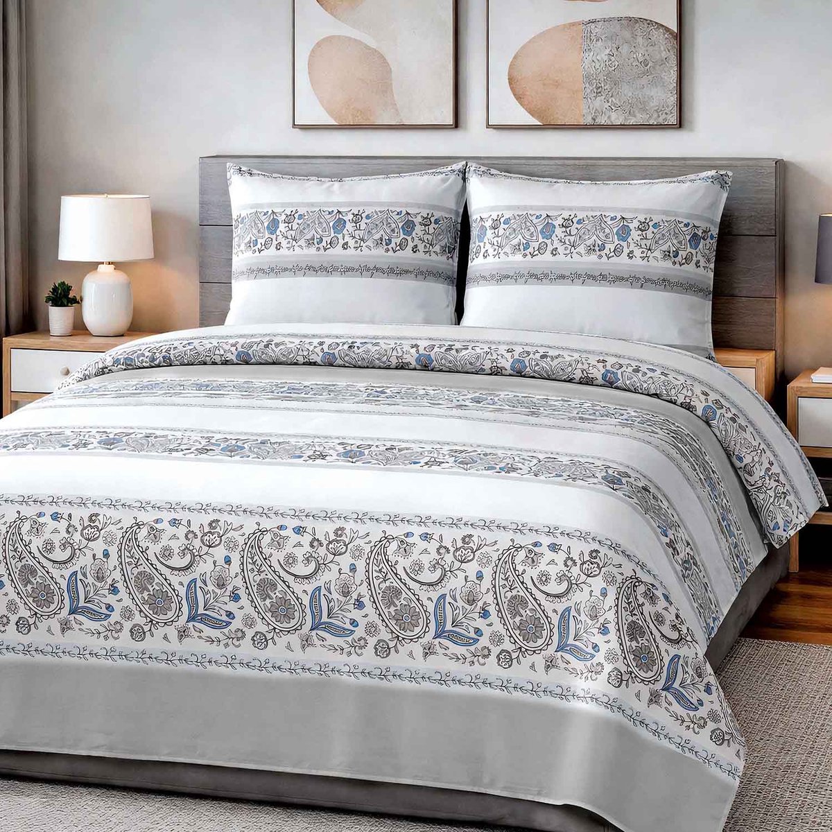 Luxe Katoenen Dekbedovertrekset Cottonlove – 160x200 cm – Wit-Grijs Bladerenmotief – 100% Katoen – Darymex