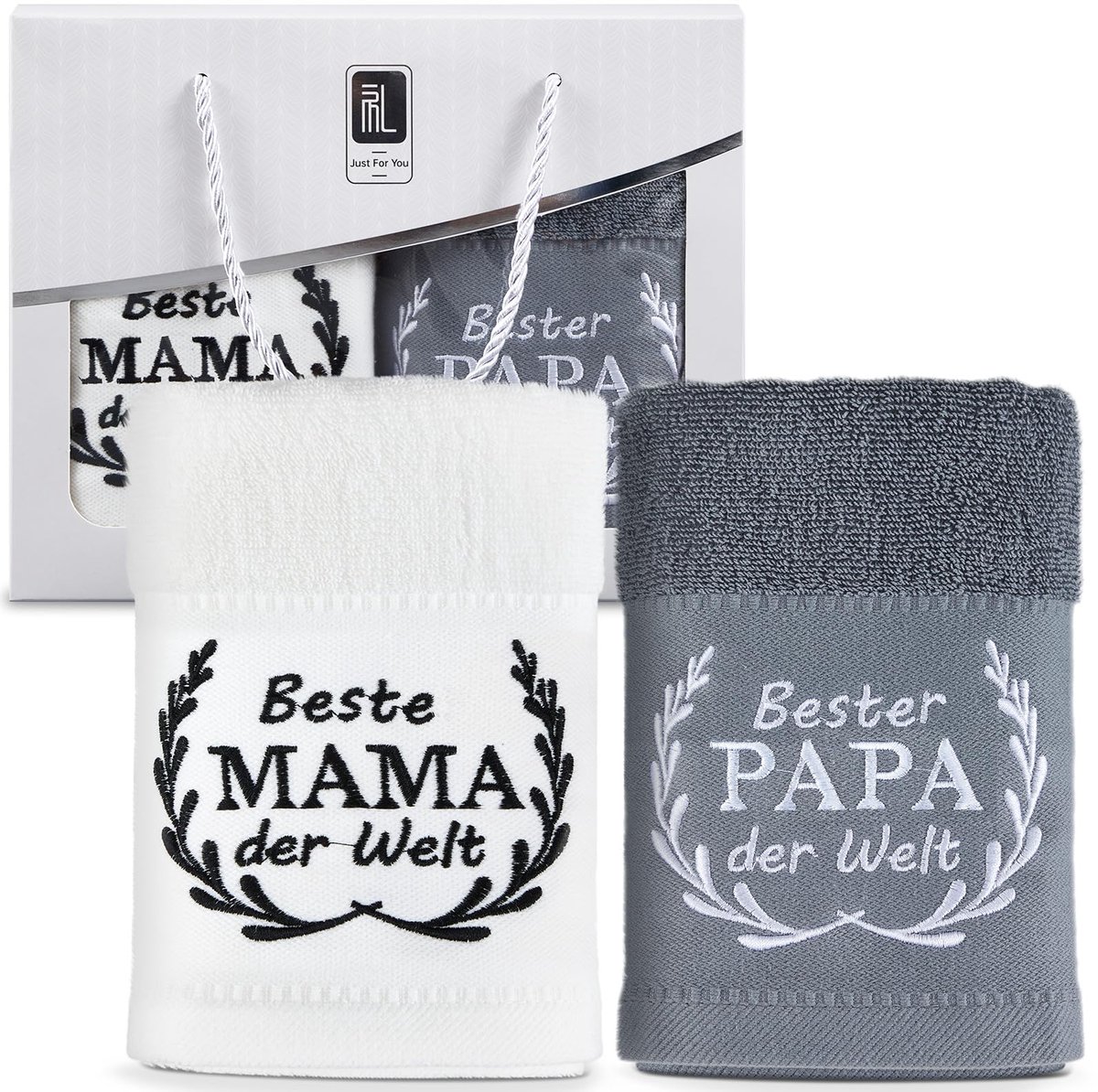 Omgoods - Handdoekenset voor Mama en Papa - Geborduurd, 35 x 70 cm, Wit en Grijs