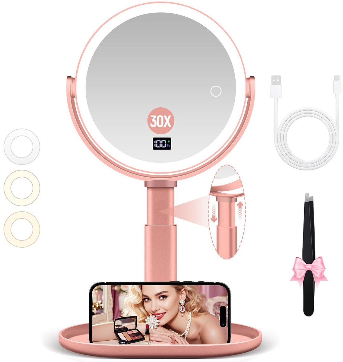 Omgoods - Verlicht Cosmetica Spiegel met 2-Zijdige Magnificatie - Roze Goud