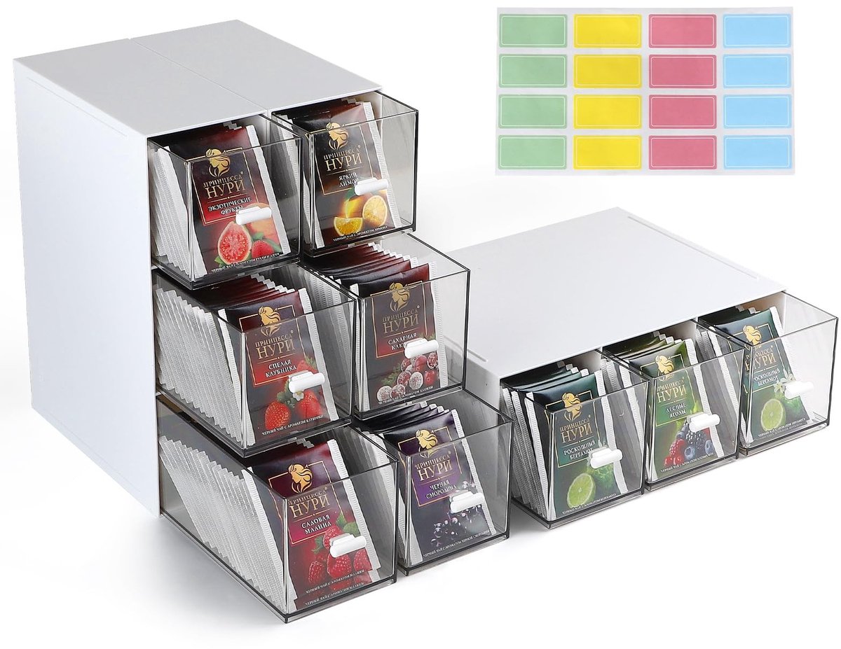 Omgoods- Theedoos 12 vaks - Houder voor theezakjes - Stapelbaar - Kunststof - 3 x theezakjesdozen - 22,6 x 16,5 x 7,7 cm - Theezakjesdoos