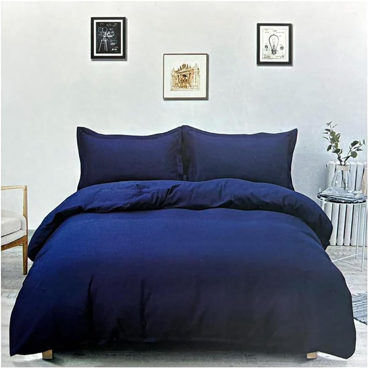 Omgoods - 4-delige Bedset met Fitted Sheet, Dekbedovertrek en 2 Kussenslopen - Navy Blauw