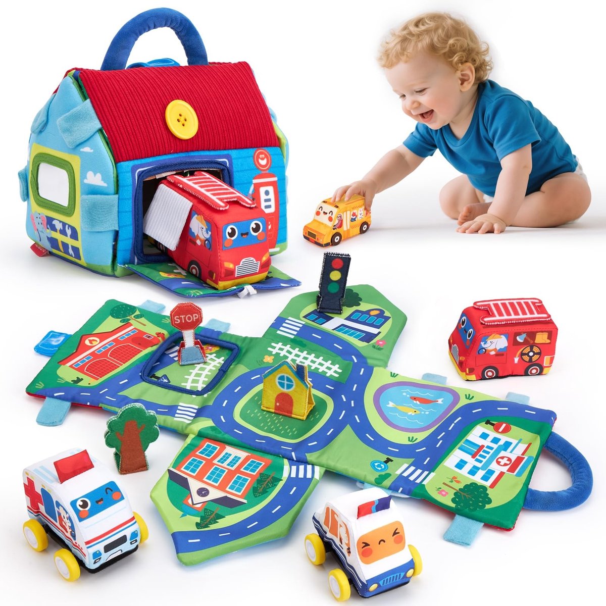 Omgoods - Set van 4 Plush Auto's voor Baby's 6-12 Maanden