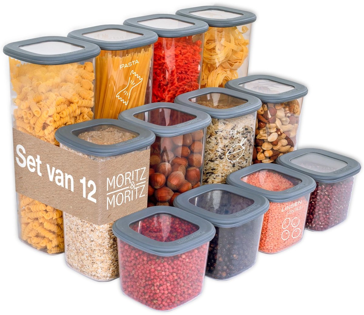 Omgoods- Voorraaddozen Set van 12 - Luchtdicht - Stapelbaar - Geschikt voor Levensmiddelen - Transparant Grijs - Ruimtebesparend - Voedselcontainers