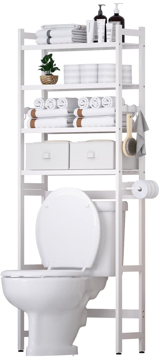 Omgoods - Bamboe Toilet Rek met 2 Mandjes en 4 Haken
