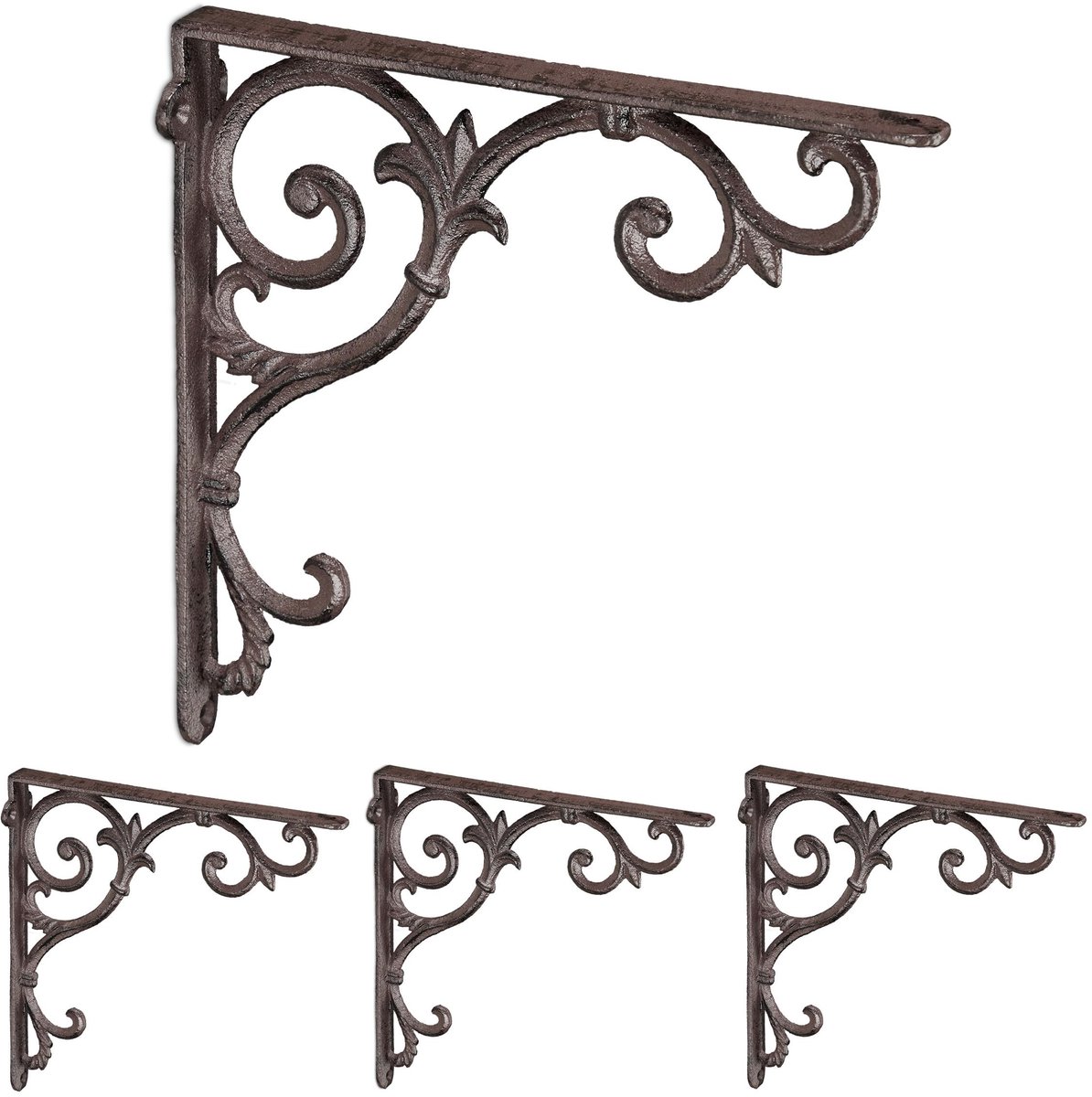 Omgoods - Set van 4 Antieke Plankensteunen van Gietijzer, 24,5 x 4 cm, Bruin
