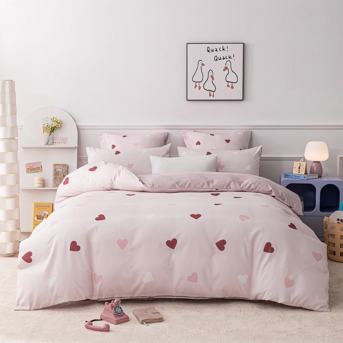 Omgoods - 3-Piece Bedset 200 x 200 cm met Dekbedovertrek en 2 Kussenslopen, Hartpatroon