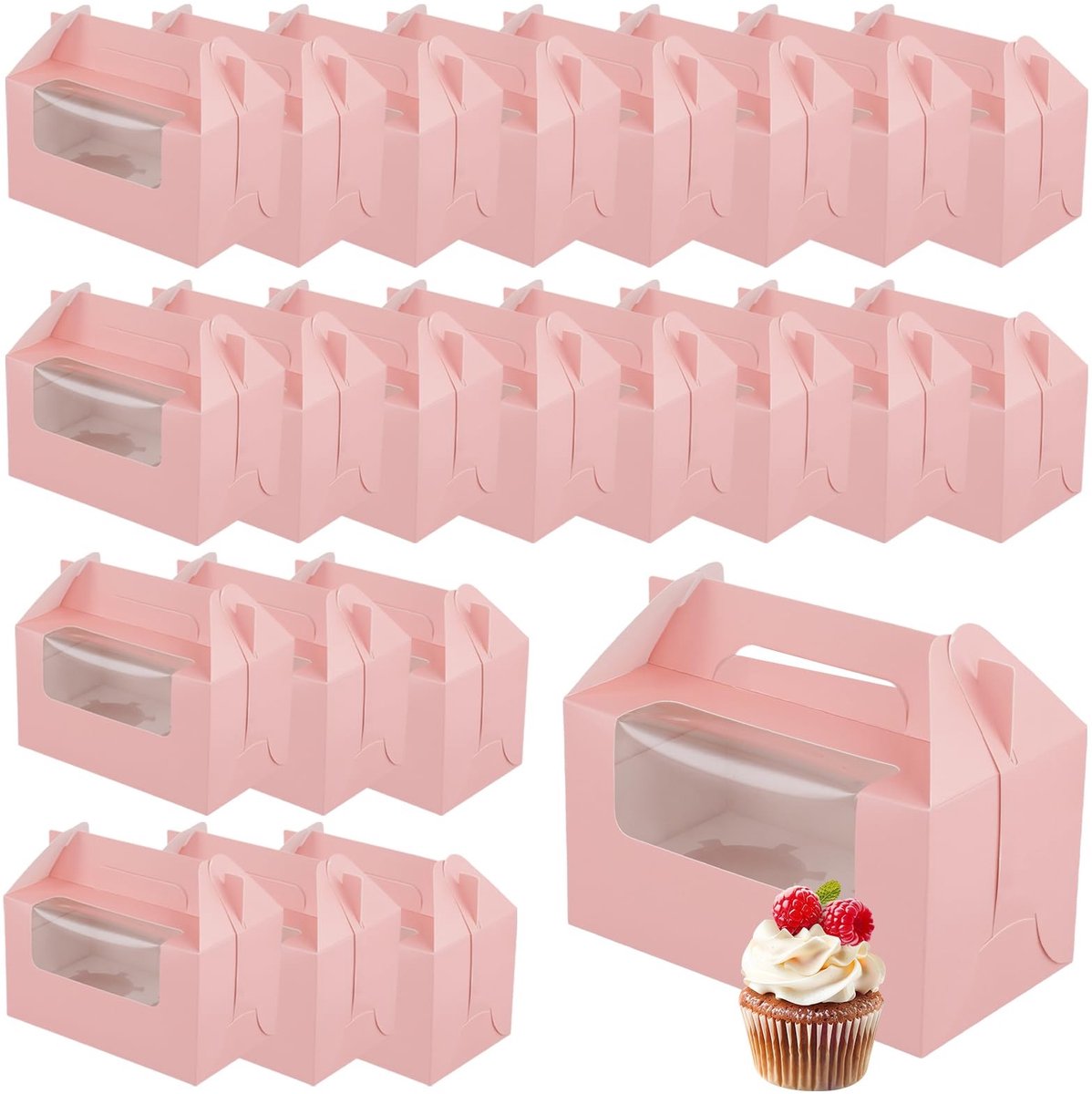Omgoods- Cupcake-dozen 60 stuks - Roze Karton - Draagbare Dozen met Handvat - Inzetstuk - Venster - Afmetingen 16 x 9 x 9 cm - Taartdozen