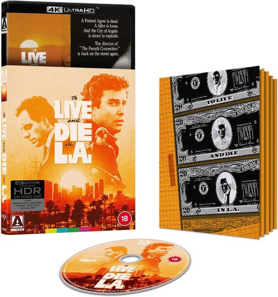 De "To Live and Die in L.A." 4K Ultra HD limited edition boxset met een Blu-ray, boekje en disc.