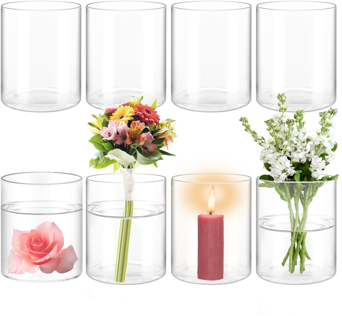 Omgoods- Glazen Vaas Cilindrisch - 8 Stuks - 8,5 x 10 cm - Bloemenvaas - Helder Glas - Duurzaam - Tafeldecoratie