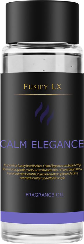 Flesje 'Calm Elegance' geurolie van Fusify LX met een zwarte dop en paars accent op het label.