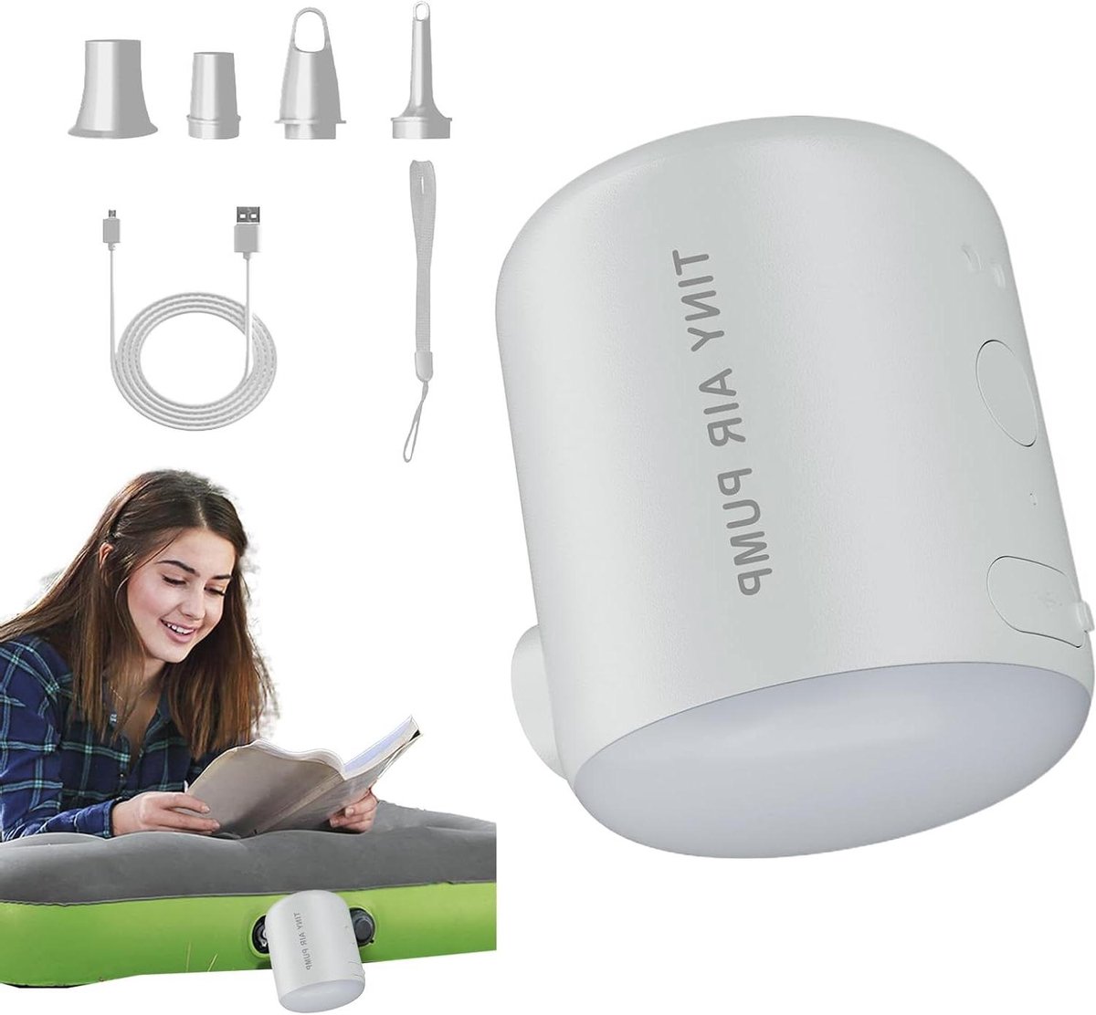 Elektrische Luchtpomp - Oplaadbare Pomp - Kampeeruitrusting Opblazen - Geïntegreerde LED Verlichting - 2200 mAh - Wit