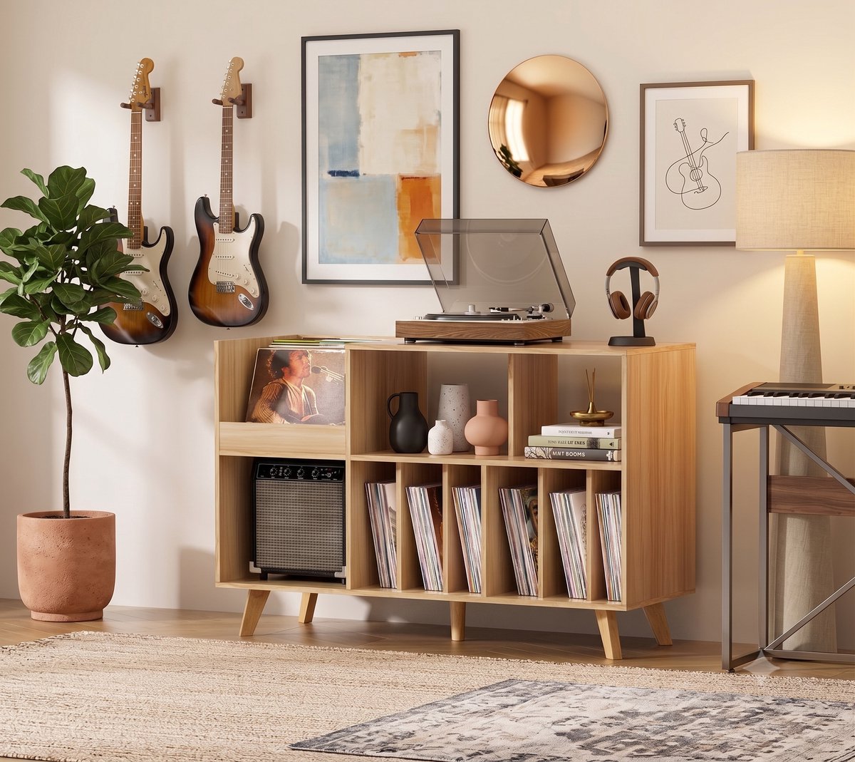 Platenspeler Standaard met Opbergruimte - Grote Platenkast voor 450 LP Vinylplaten - Houten Platenspeler Meubel - Platenrek & Audio Opbergkast - Houtkleur - 122 x 40 x 82.5 cm