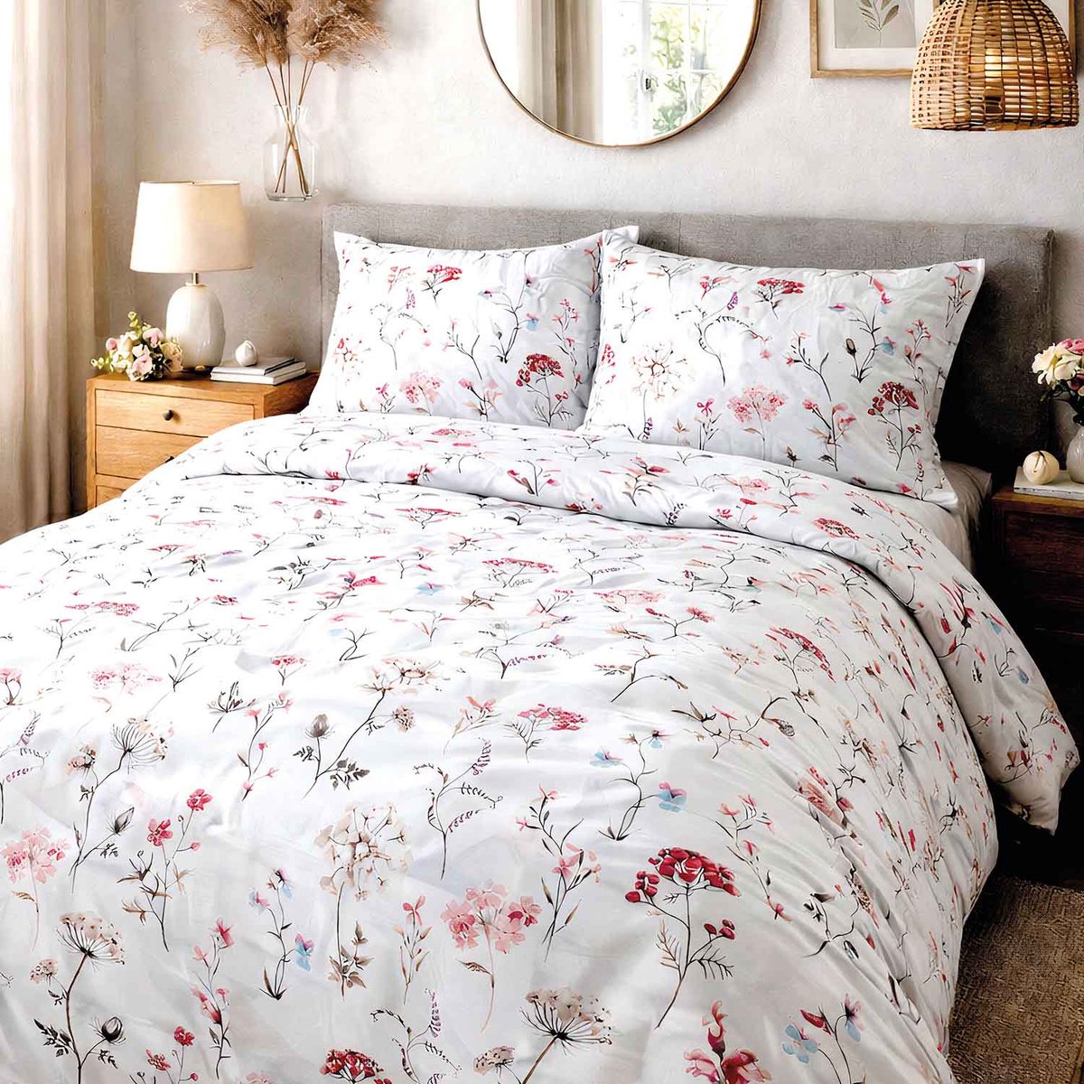 Luxe Katoenen Dekbedovertrekset Cottonlove – 220x200 cm – Lijsterbes en Bloementakken – 100% Katoen – Darymex