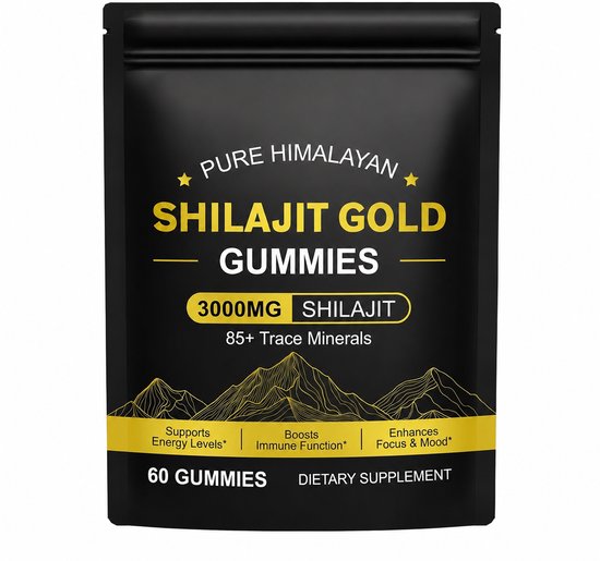 Zwarte verpakking met 'PURE HIMALAYAN SHILAJIT GOLD GUMMIES' in gele letters. Bevat 3000MG Shilajit, 85+ mineralen. Voor energie, immuunfunctie en focus.