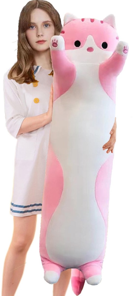 Omgoods - Lange Kat Pluche Kussen 90cm - Zacht Knuffeldier Slaapkussen - Roze