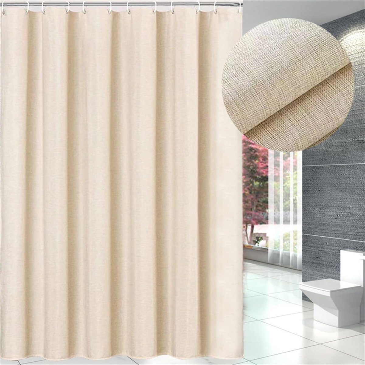 Omgoods - Douchegordijn - Linnen Textuur Waterdichte Polyester Gordijnset met Haken - Beige 31" x 79"
