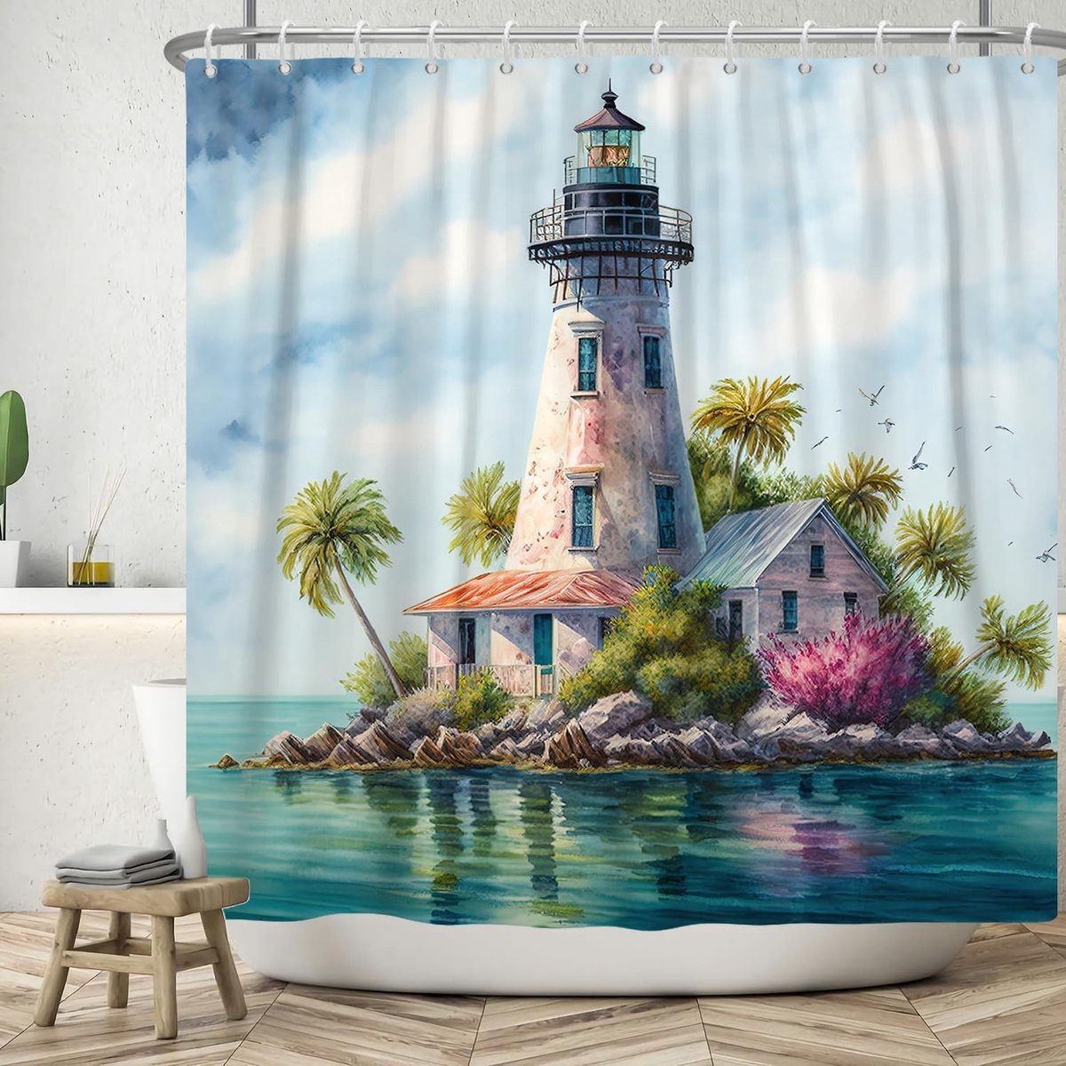 Omgoods - Douchegordijn Watercolor Blauw met Vuurtoren - 180 x 200 cm