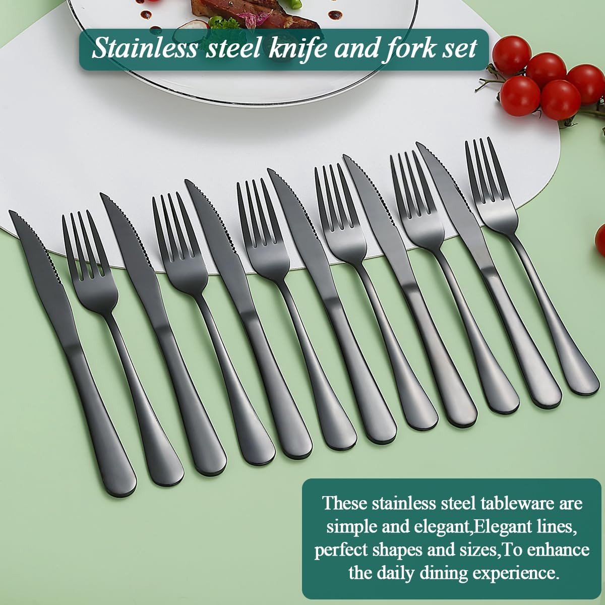 Omgoods - 12-Delige Steak Cutlery Set van RVS met Zwarte Titanium Coating