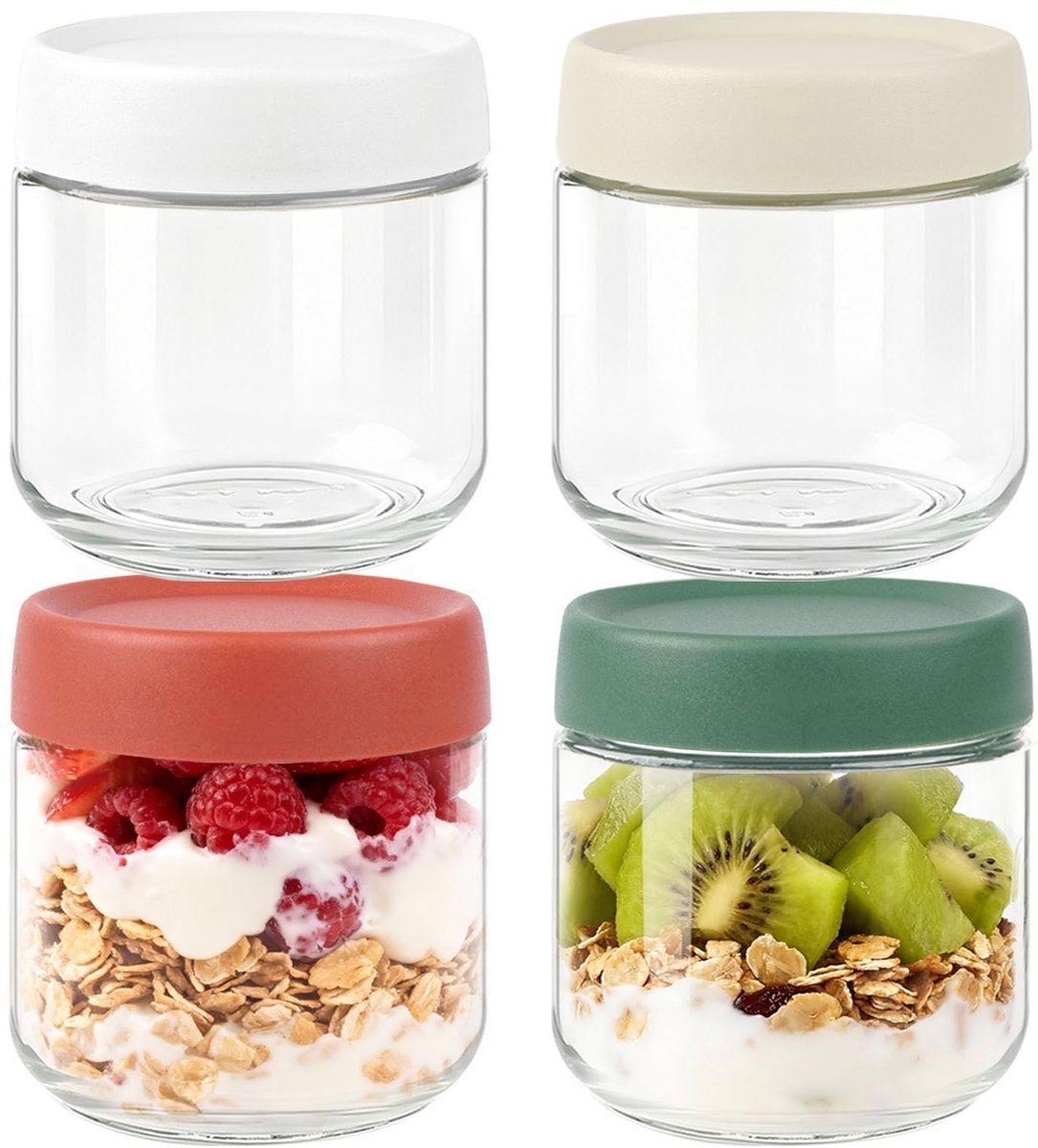 Omgoods - Set van 4 Levensmiddelen Jars met Deksel, 10oz, Lekvrij