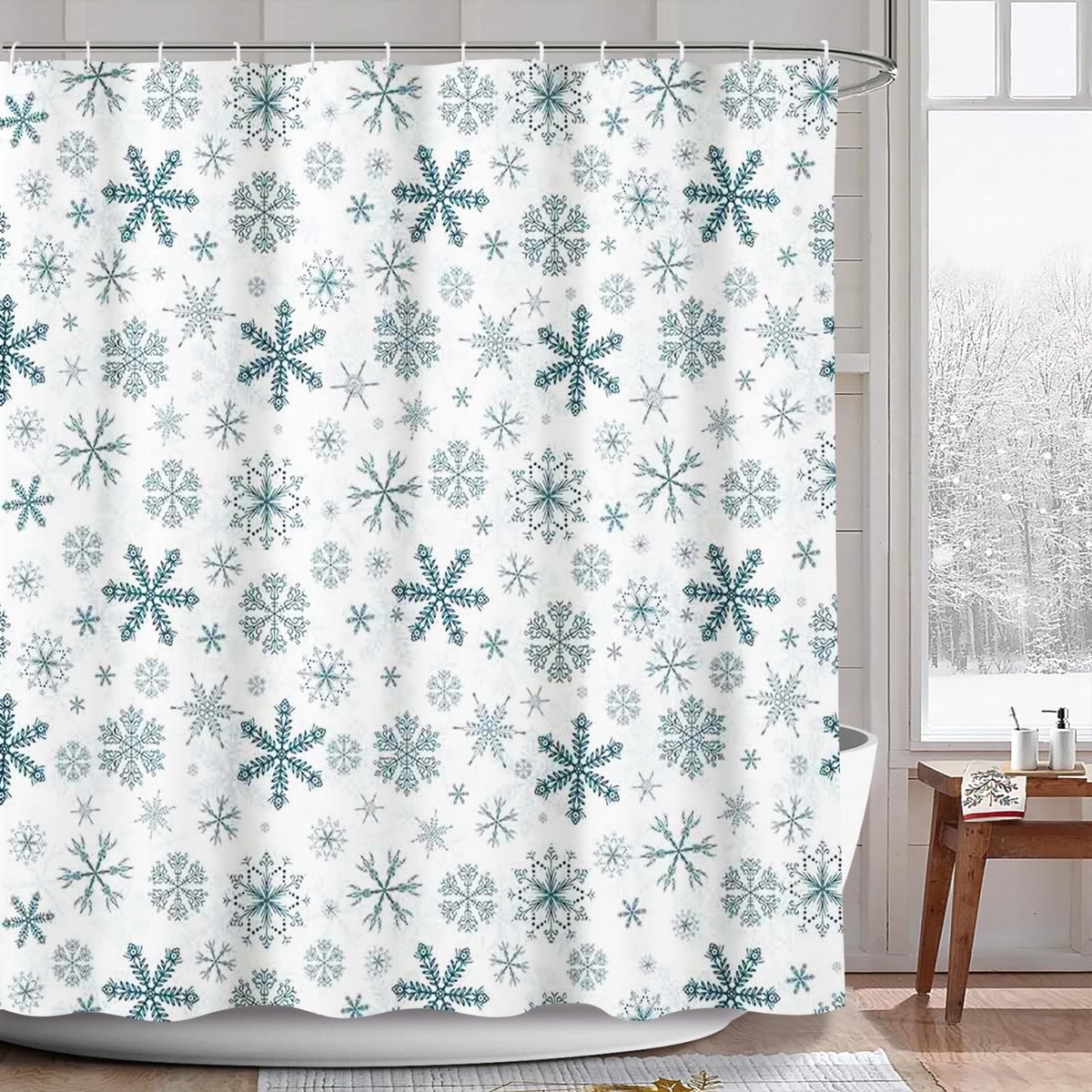 Omgoods - Waterdicht Douchegordijn met Sneeuwvlokkenpatroon, Blauw/Wit