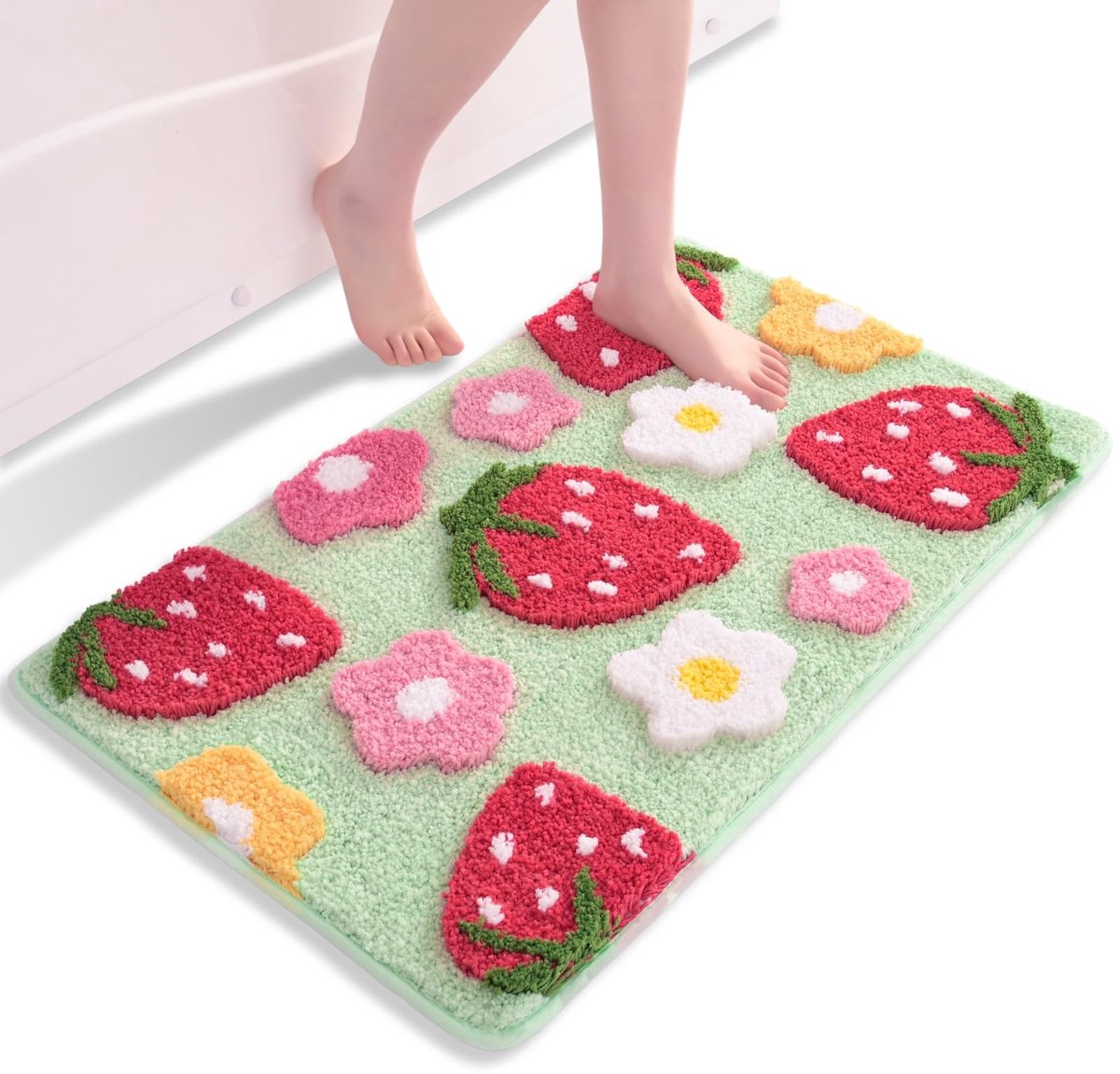 Omgoods - Groene Badmat met Aardbei Ontwerp, Wasbare en Absorberende Microfiber