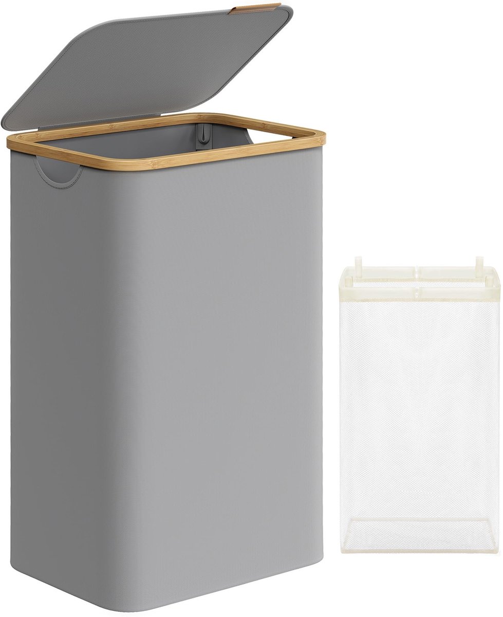 Omgoods - Ruime Wasmand met Deksel, 90L, Vouwbaar en Met Bamboe Handvatten