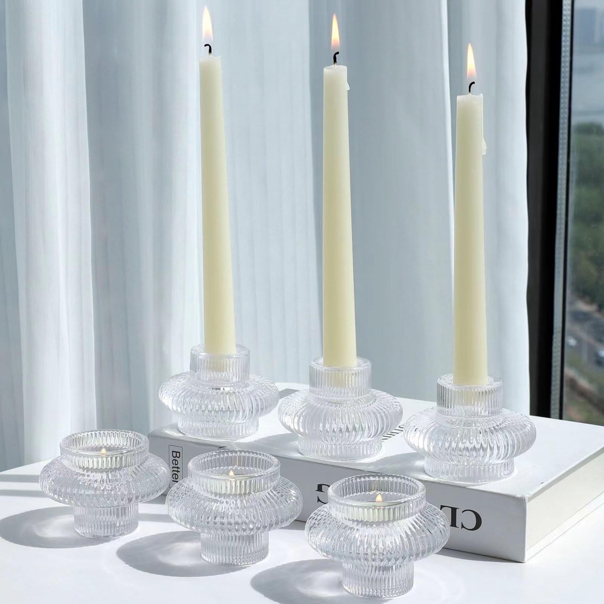 Omgoods - Set van 6 Heldere Kaarsenhouders van Glas voor Tafeldecoratie