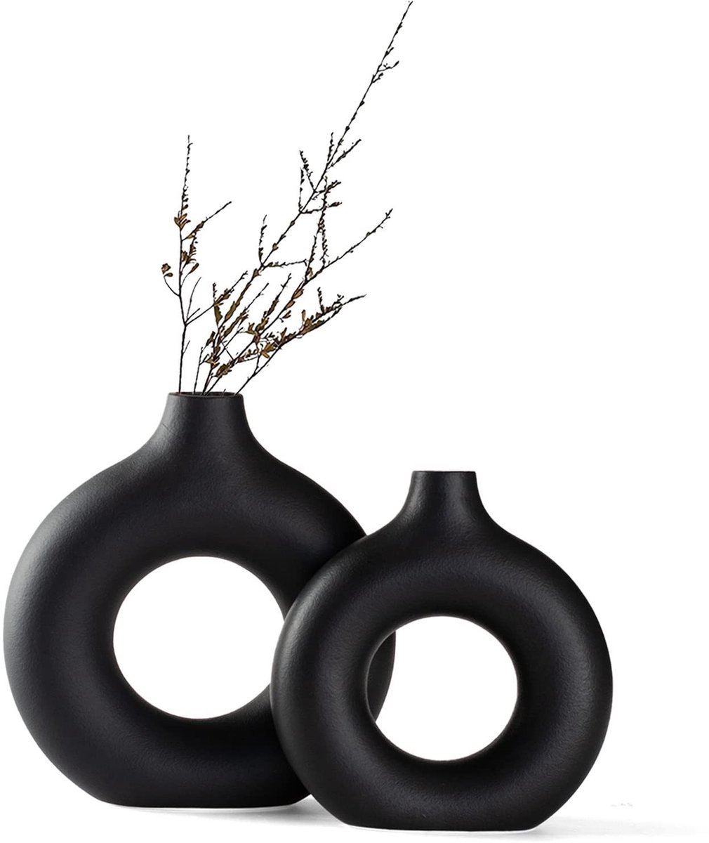 Omgoods - Set van 2 Zwarte Keramische Donut Vazen voor Moderne Interieurdecoratie